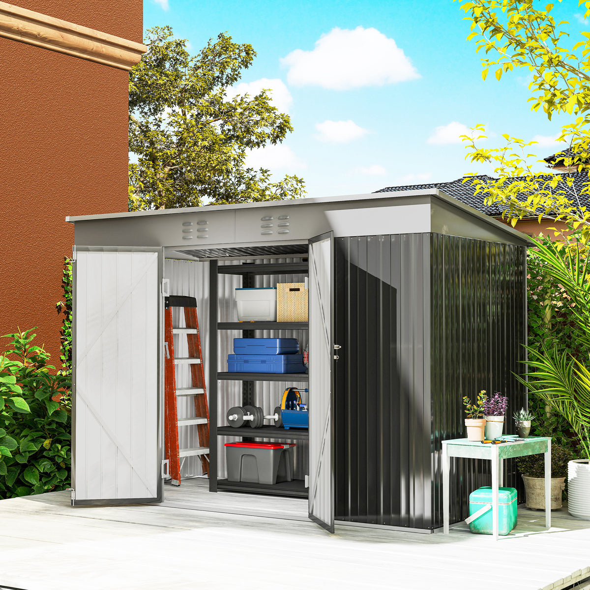 9' x 4' Galvanized Steel Garden Storage Shed with Lockable Doors, Gloves and 2 Air Vents for Backyard, Patio, Lawn – Dark Grey