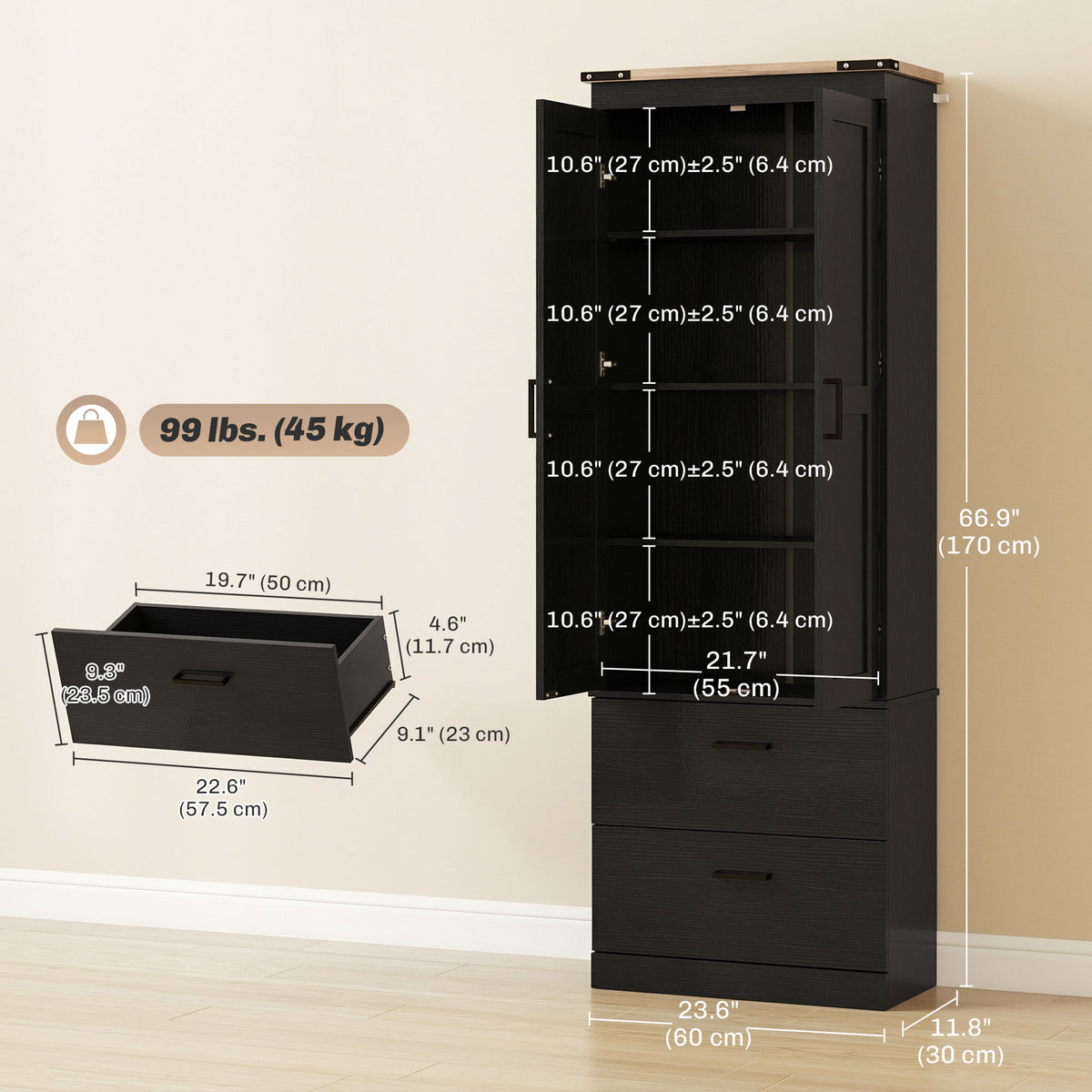 Kitchen Pantry Cabinet with Doors – 24"W x 67"H