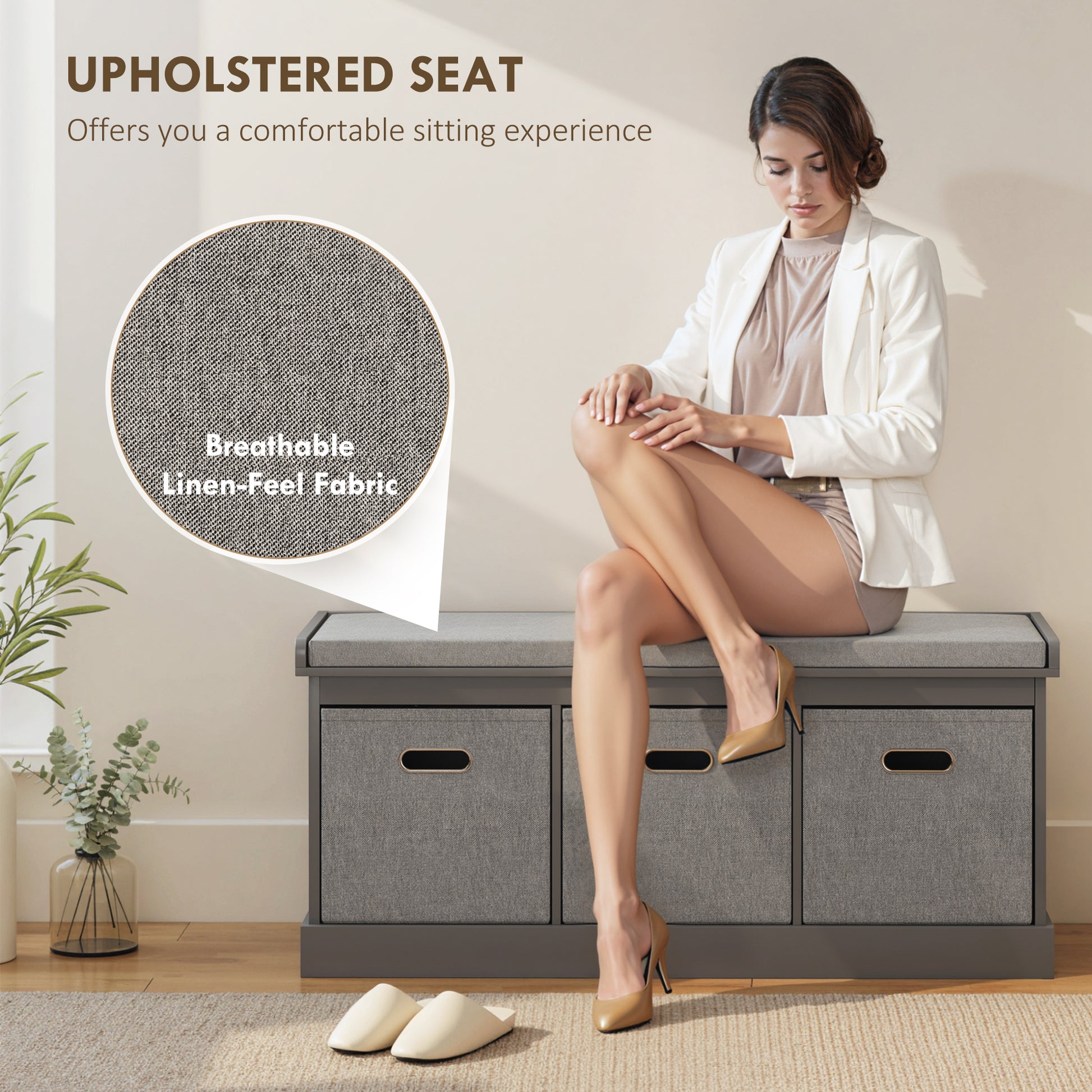 HOMCOM Dark Grey Entryway Shoe Storage Bench, Cushioned Seat, 3 Fabric Drawers