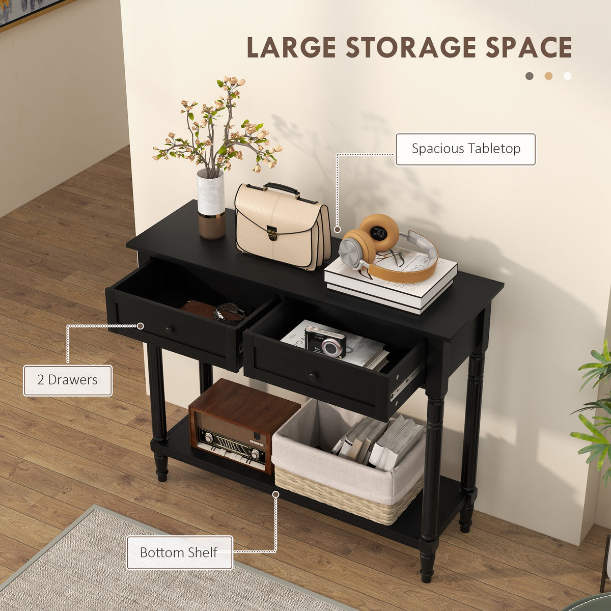 Hallway Console Table with 2 Drawers, Black
