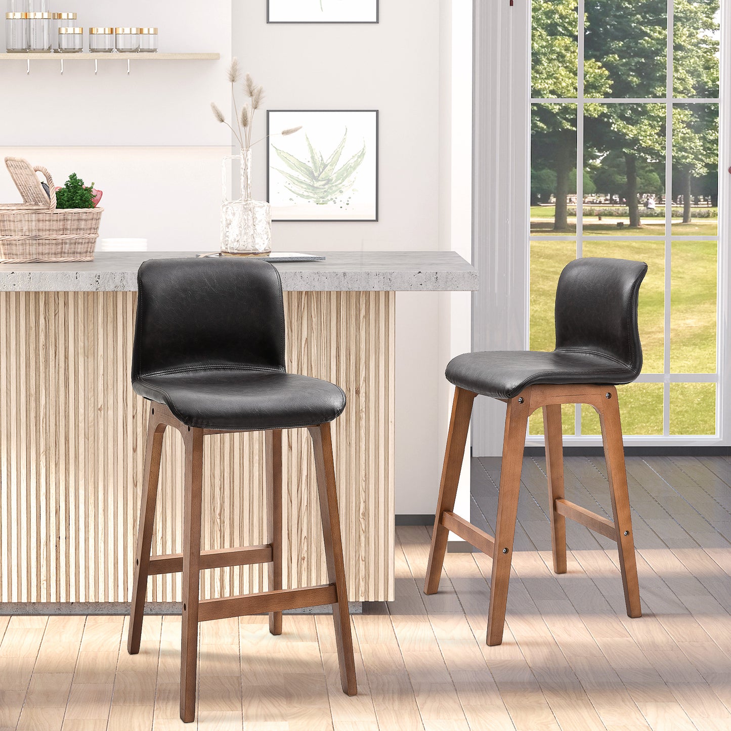 HOMCOM Modern Counter Height Bar Stools, Brown Faux Leather, Two-Piece Set