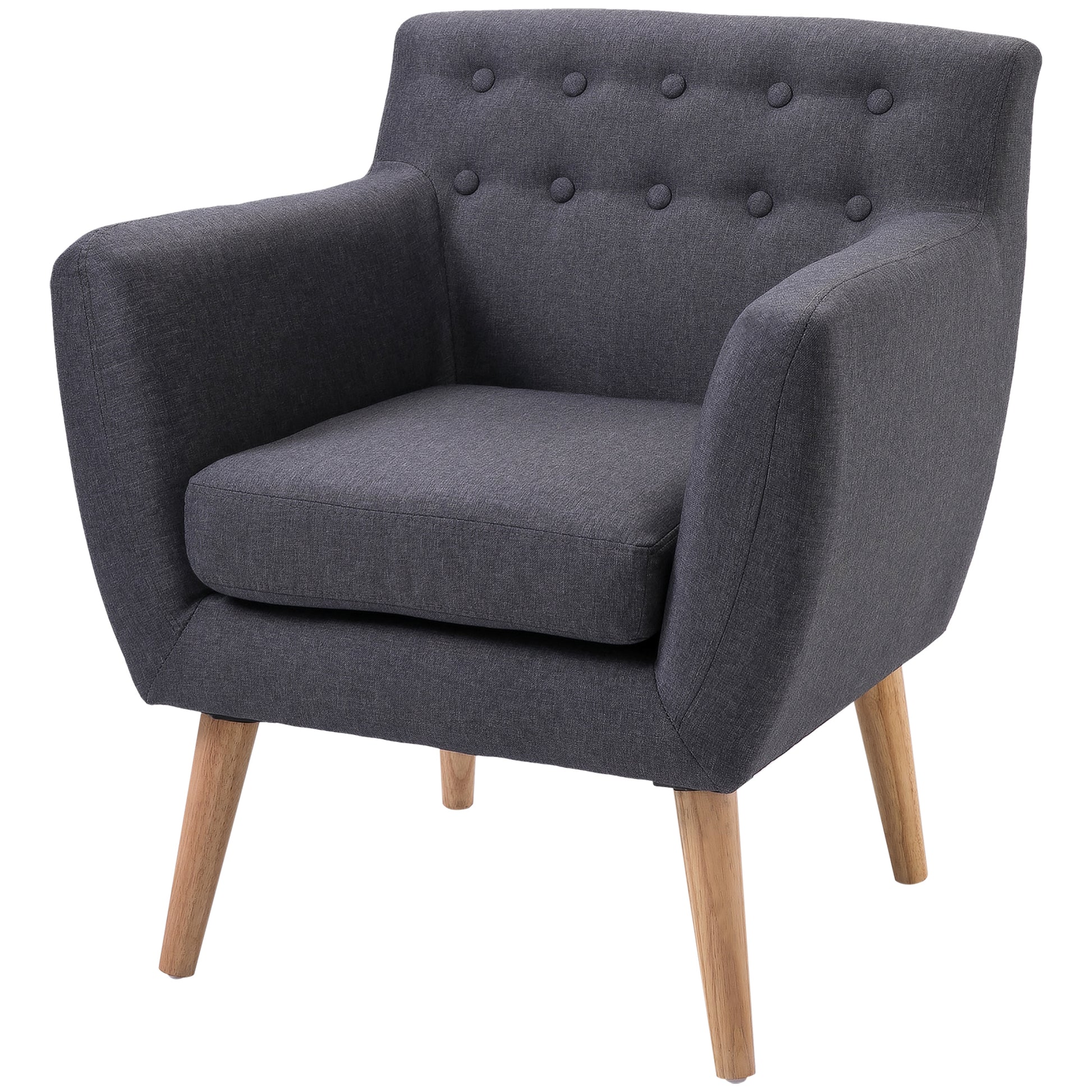 HOMCOM Mid-Century Modern Dark Grey Tufted Linen Accent Arm Chair with Wood Legs