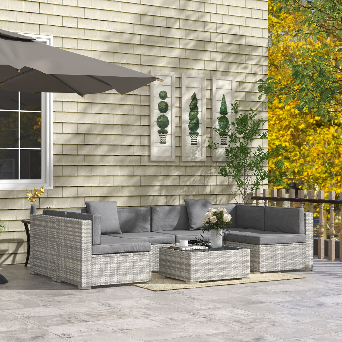 7 Pieces Outdoor Rattan Furniture Set, Patio Wicker Sectional Conversation Sofa Set – Grey