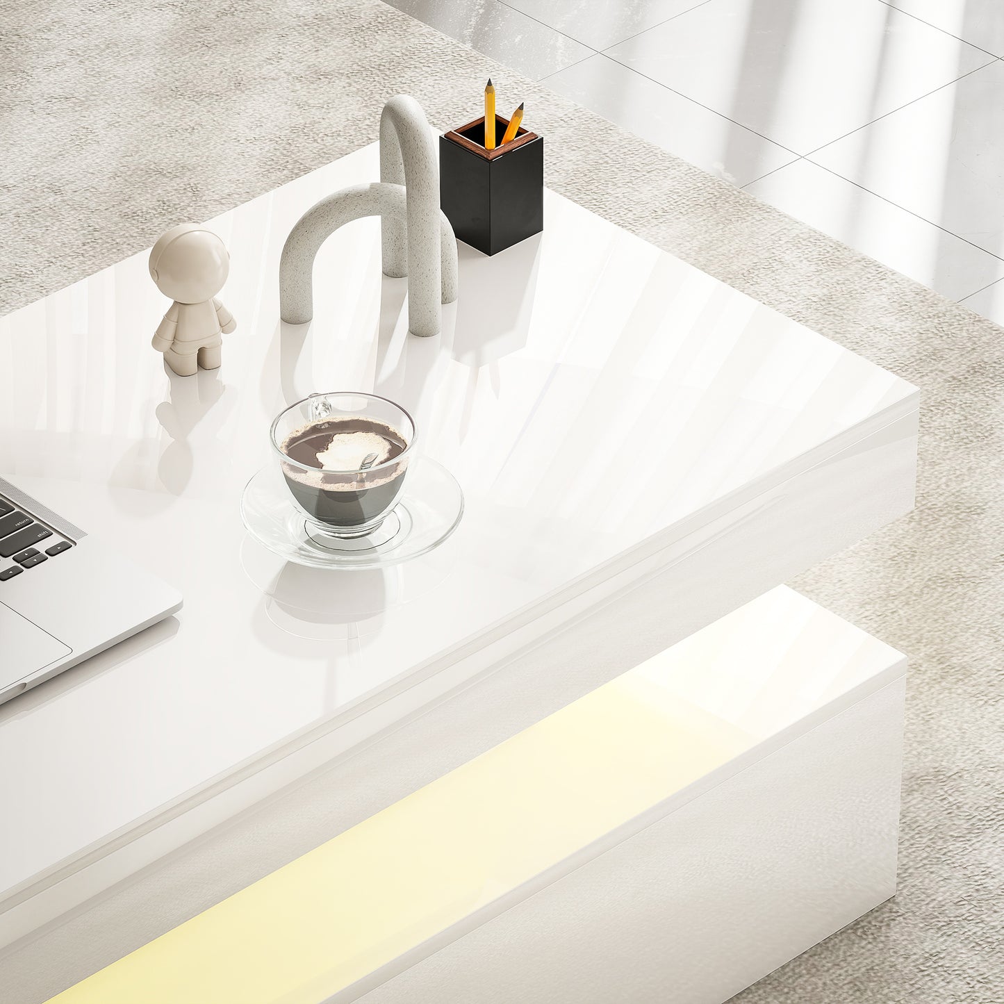 HOMCOM Modern High Gloss White LED Coffee Table with Two Drawers Storage