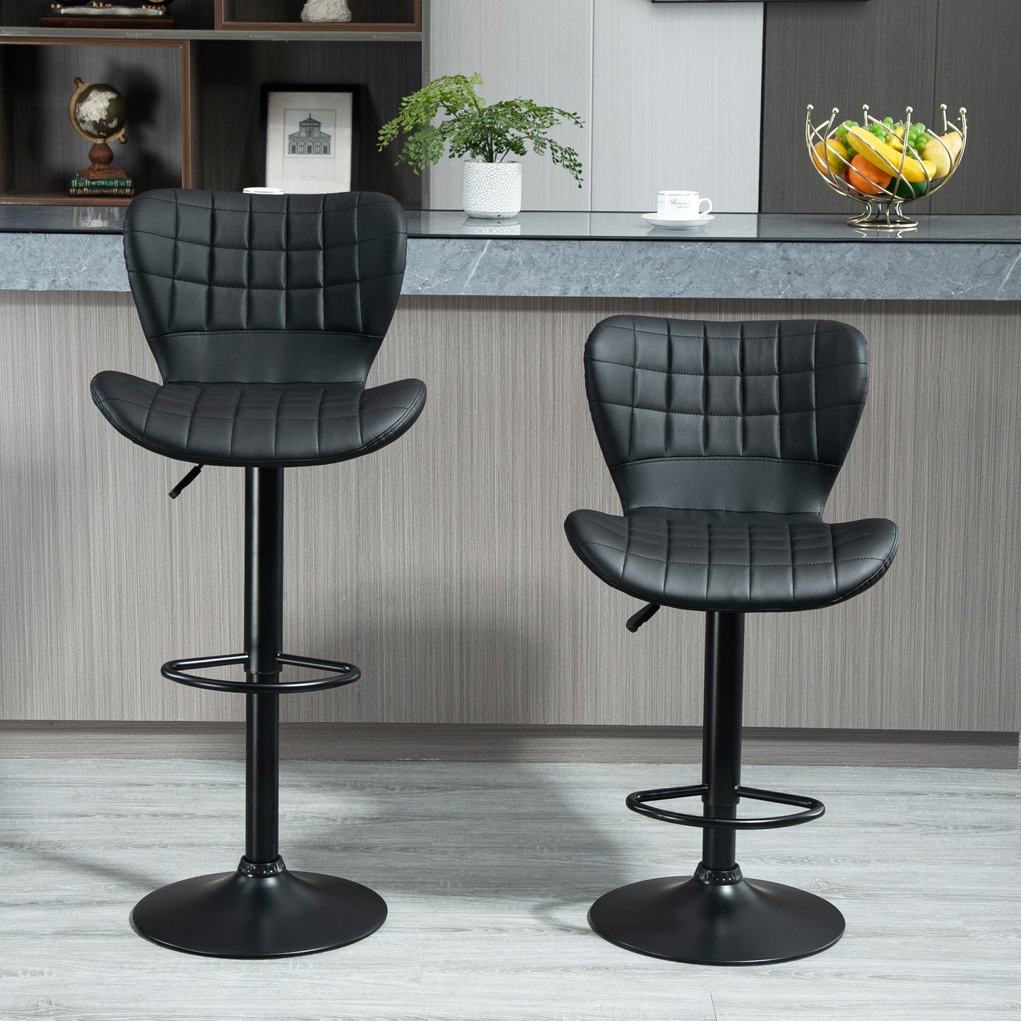 HOMCOM Adjustable Swivel PU Leather Bar Stools Set of 2 with Backrest & Footrest, Black