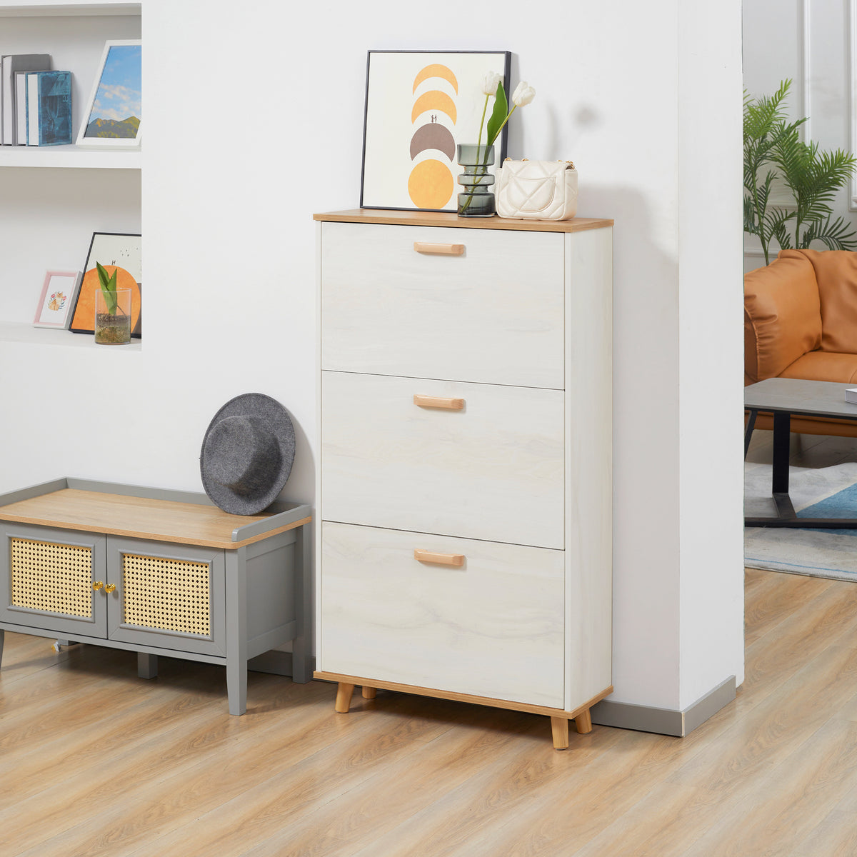 Modern Shoe Cabinet with 3 Flip Drawers and Adjustable Shelf – 28"W x 48"H