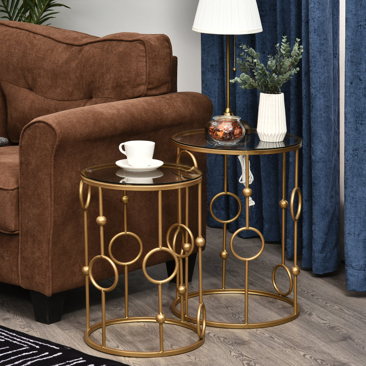 Gold Round Nesting Coffee Tables, Set of 2, Tempered Glass Top