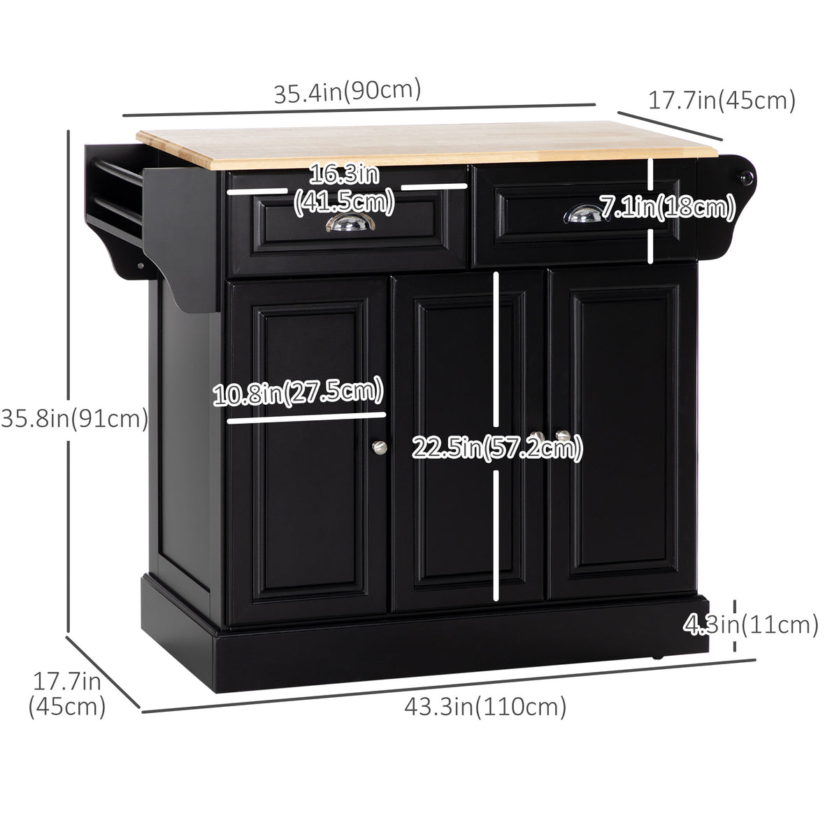 Rolling Kitchen Island with Rubberwood Top and Towel Rack – 43"W x 36"H