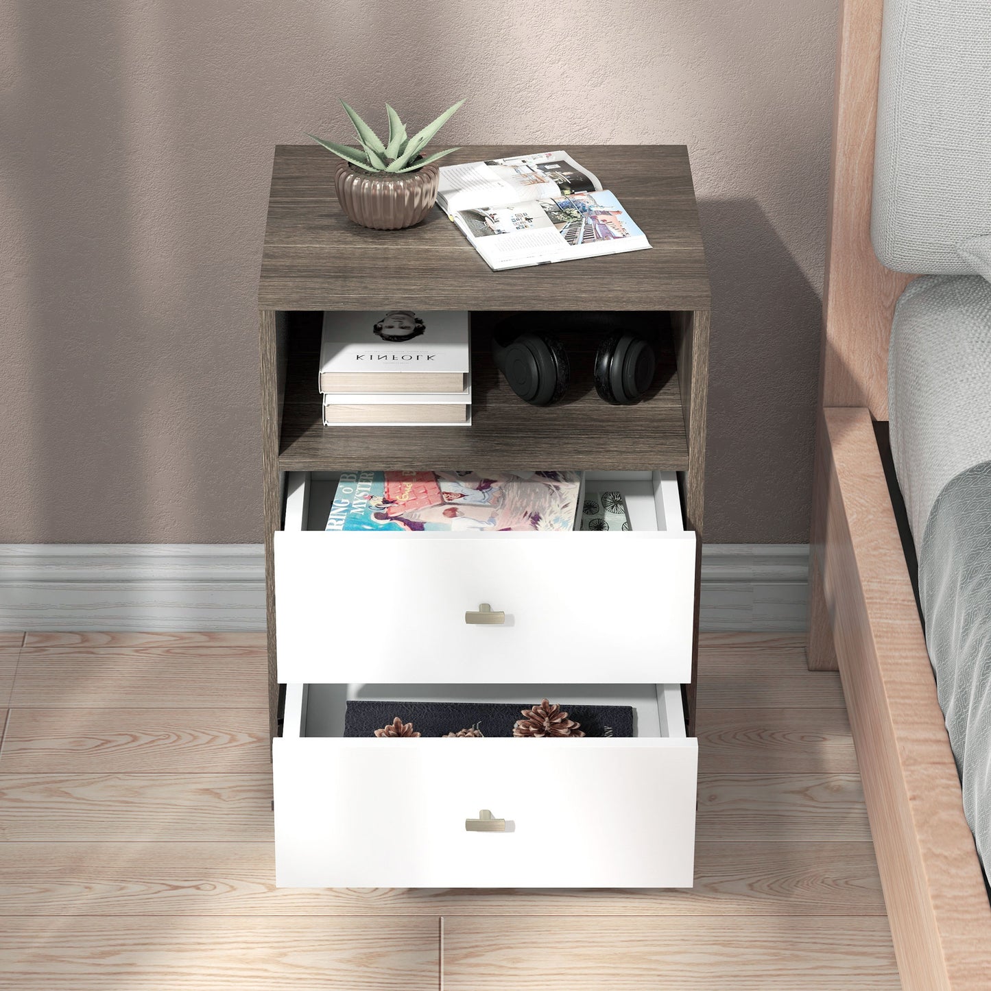 HOMCOM Modern Grey White Nightstand Set, 3 Drawers, Open Storage