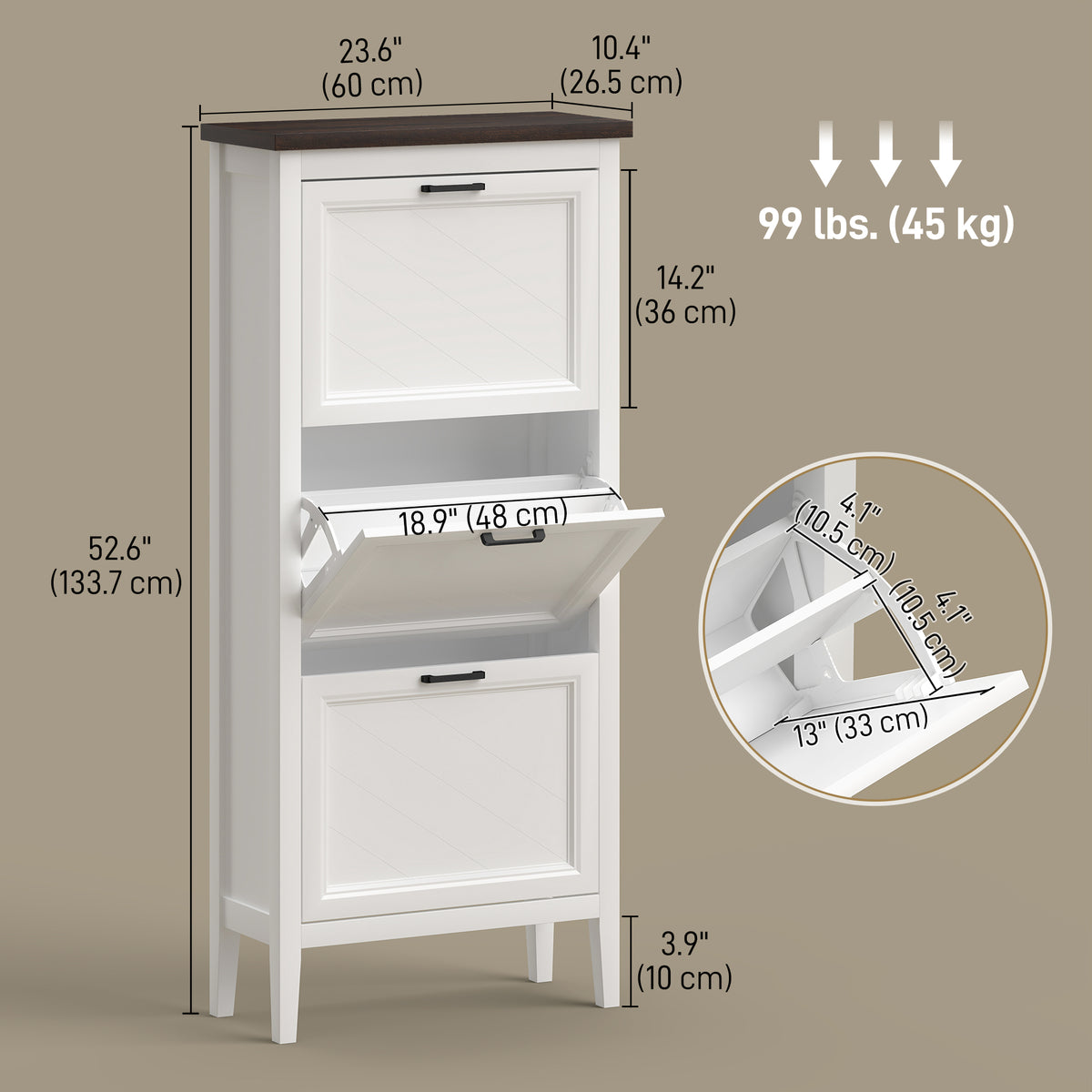 Shoe Cabinet with 3 Flip Drawers – 24"W x 53"H