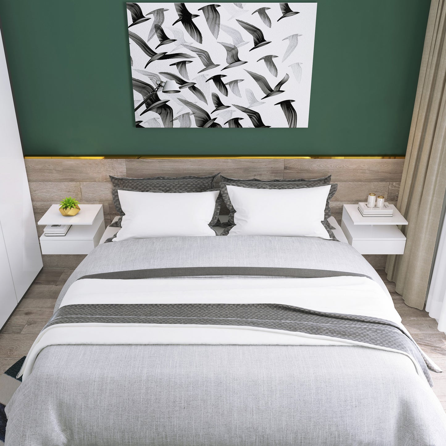 HOMCOM White Floating Wall Mounted Bedside Nightstands with Drawer and Shelf