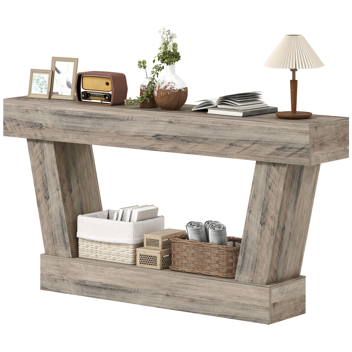 63" Vintage Console Table with Open Shelf, Light Brown