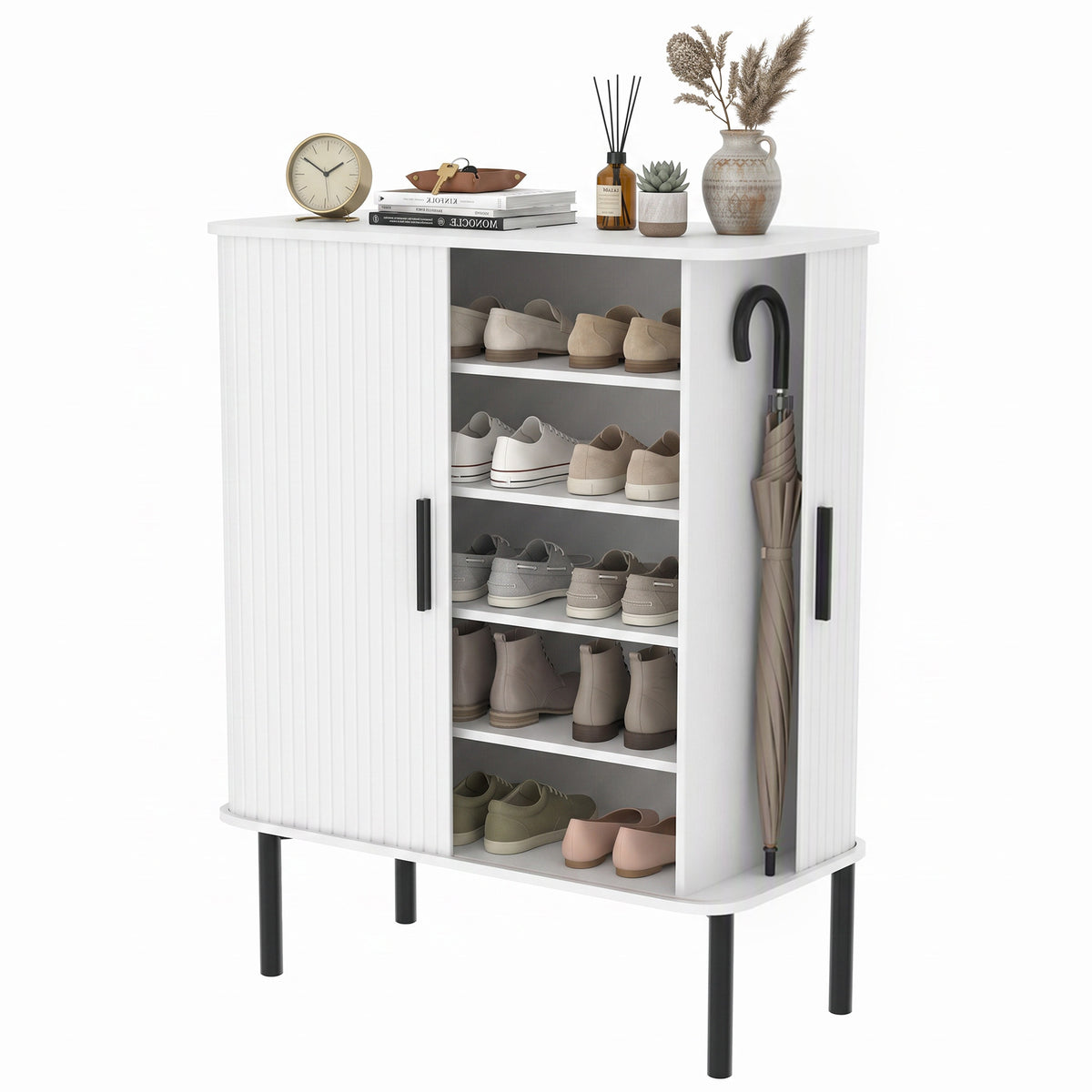 Shoe Cabinet with Tambour Door and Side Cubbies – 31"W x 37"H