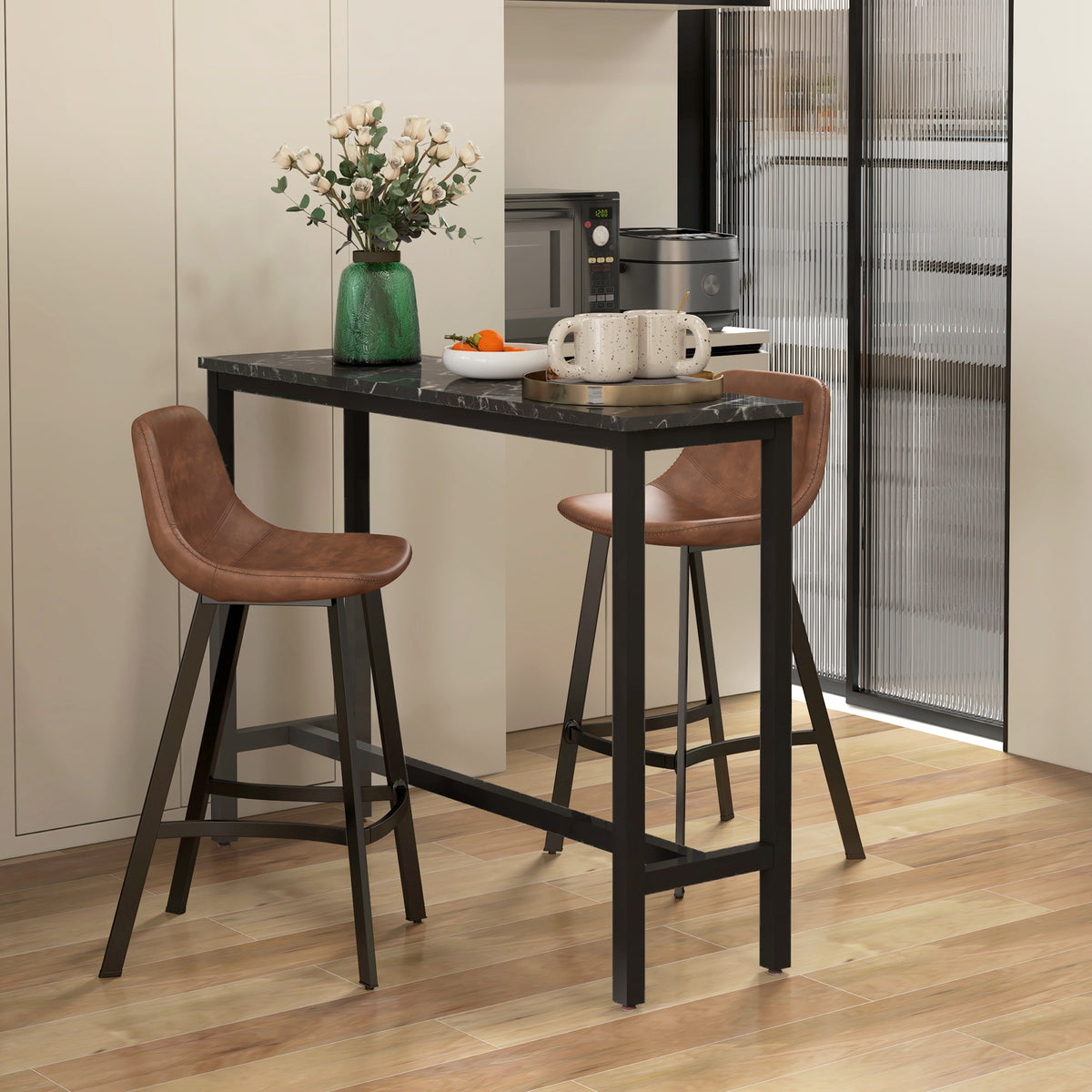 PU Leather Counter Stools with Curved Back and Steel Legs, Set of 2, Brown