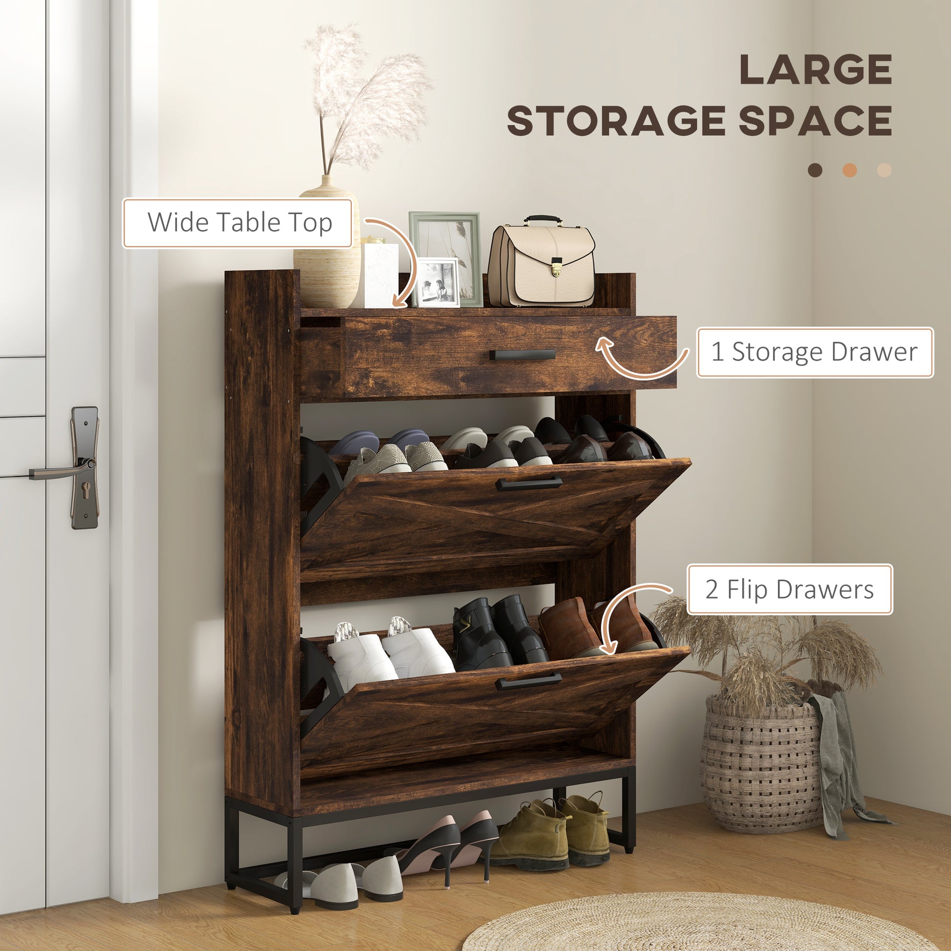 HOMCOM Slim Rustic Brown Shoe Cabinet: 2 Flip Drawers, Adjustable Shelves, 12 Pair Storage Organizer