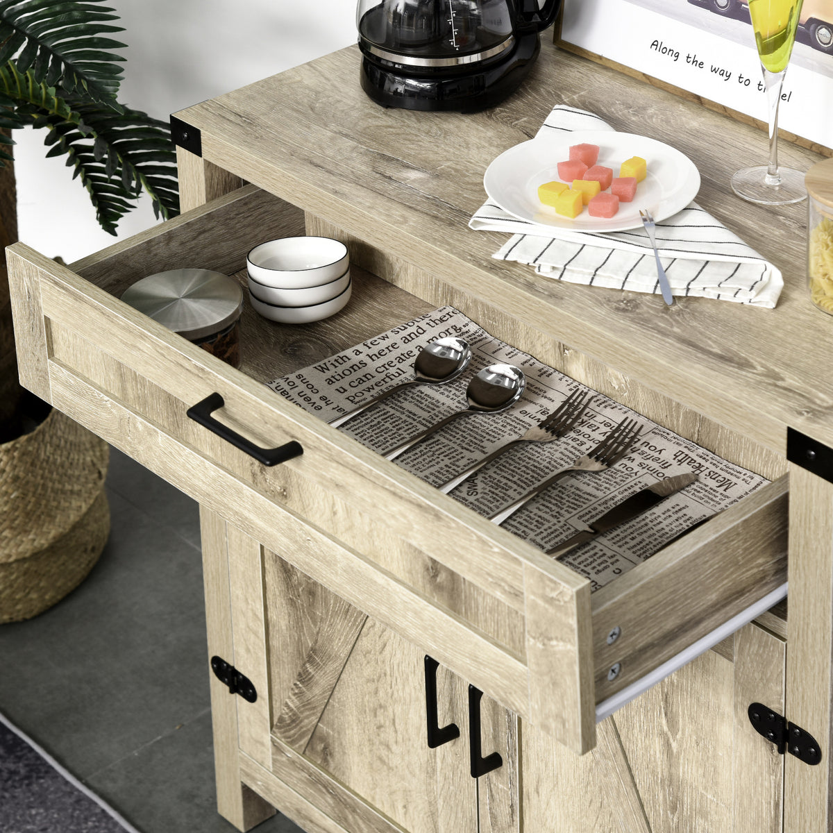 Sideboard Buffet Cabinet with 2 Rustic Barn Doors and Drawer – 30"W x 33"H