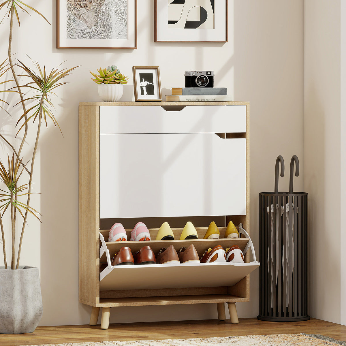 Narrow Shoe Cabinet for Entryway with 2 Flip Drawers – 28"W x 39"H