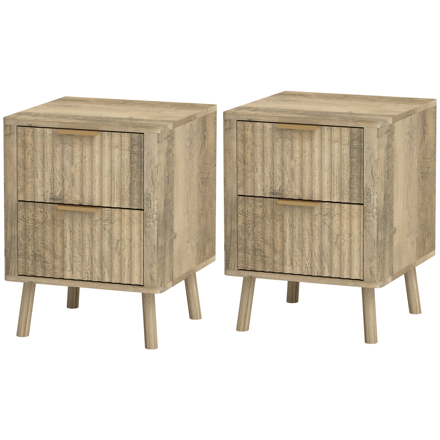 HOMCOM Modern Oak Nightstands Set of 2, Fluted Drawers, Finger Pulls
