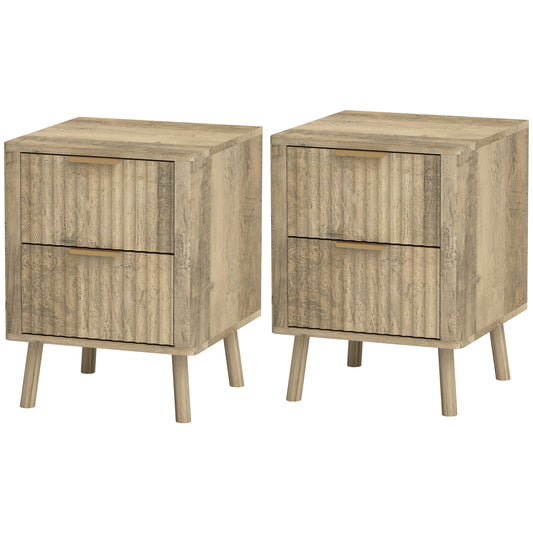 HOMCOM Modern Oak Nightstands Set of 2, Fluted Drawers, Finger Pulls