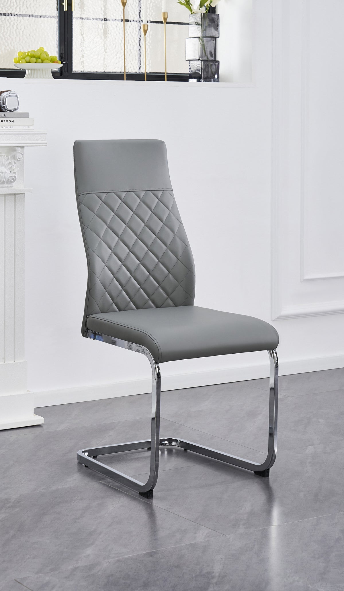 Diamond-Stitch Dining Chair with Chrome C-Base – Set of 6