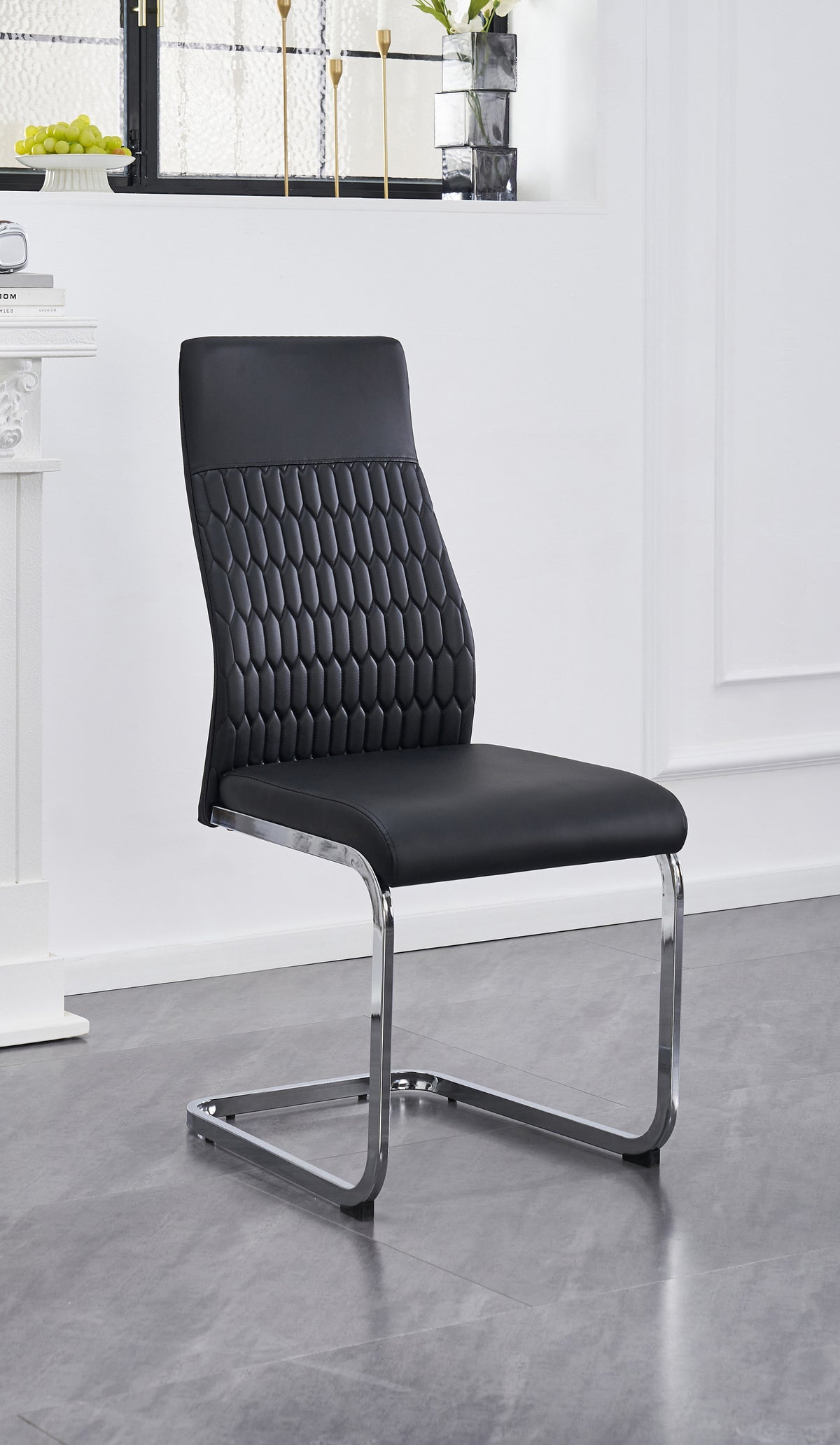 Diamond-Stitch Dining Chair with Chrome C-Base – Set of 6