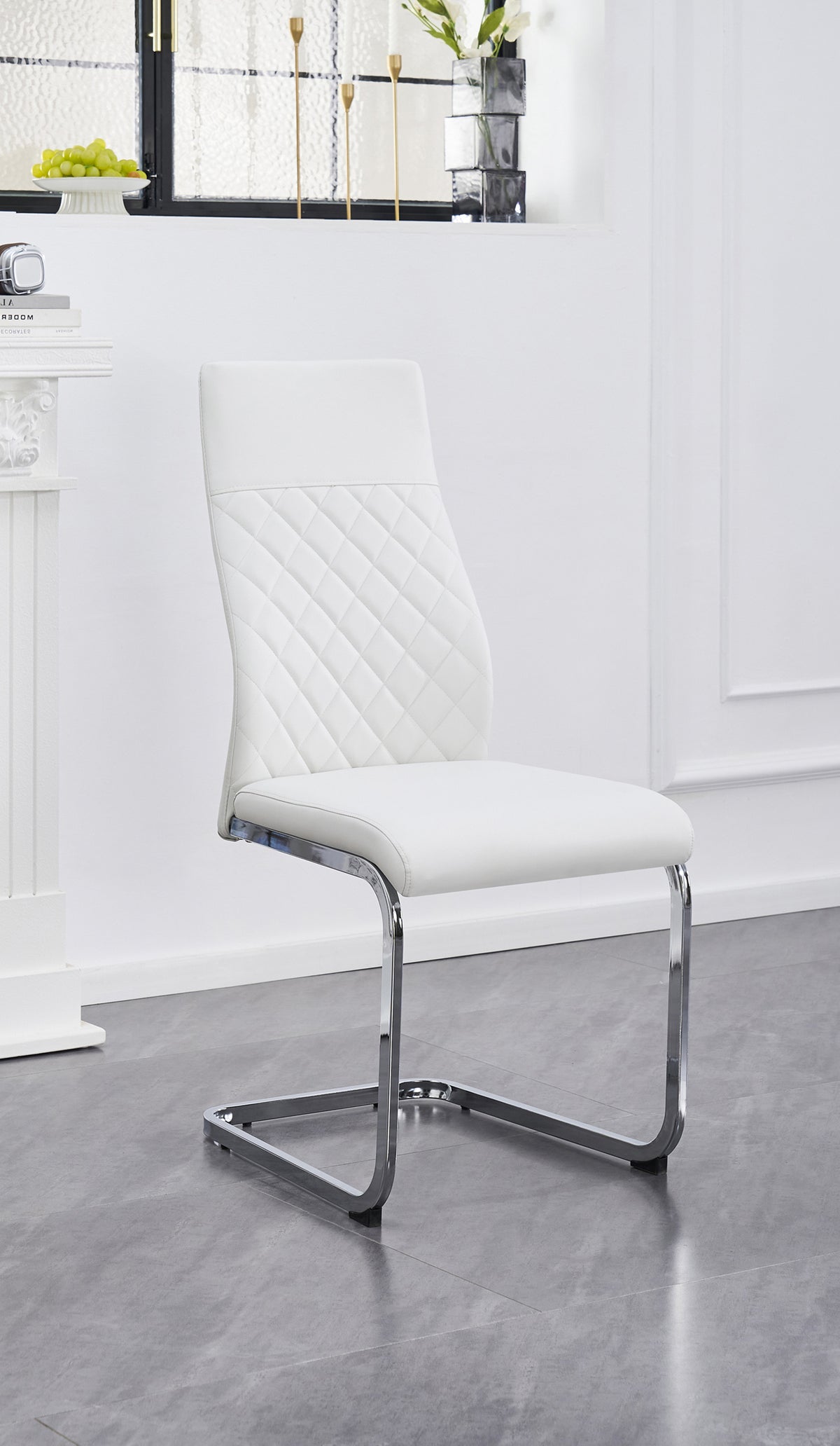 Diamond-Stitch Dining Chair with Chrome C-Base – Set of 6