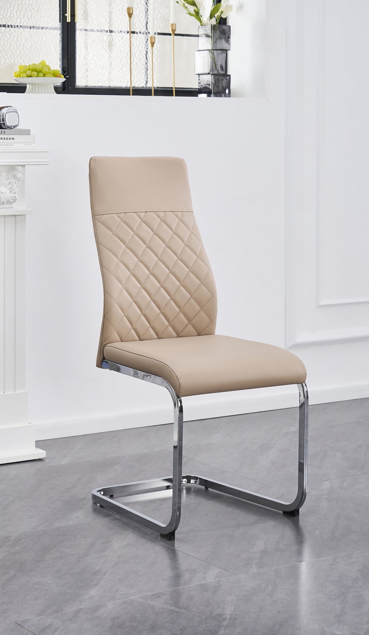 Diamond-Stitch Dining Chair with Chrome C-Base – Set of 6