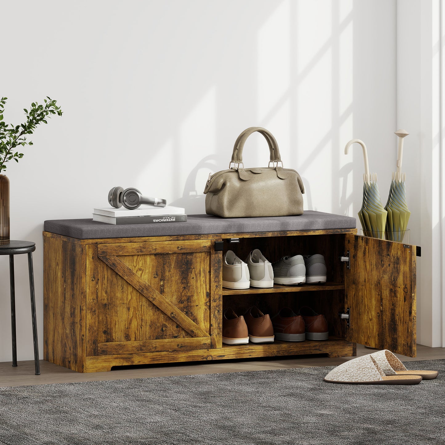 HOMCOM Rustic Brown Entryway Shoe Storage Bench with Padded Seat, Holds 8 Pairs