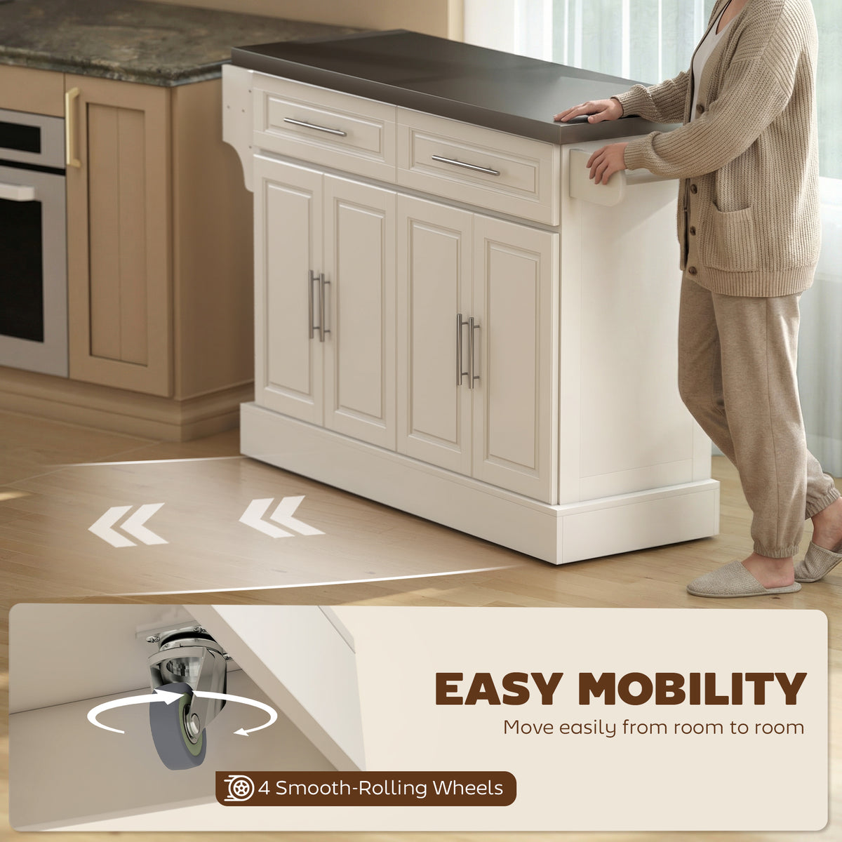 Rolling Kitchen Island with Stainless Steel Top – 57"W x 37"H