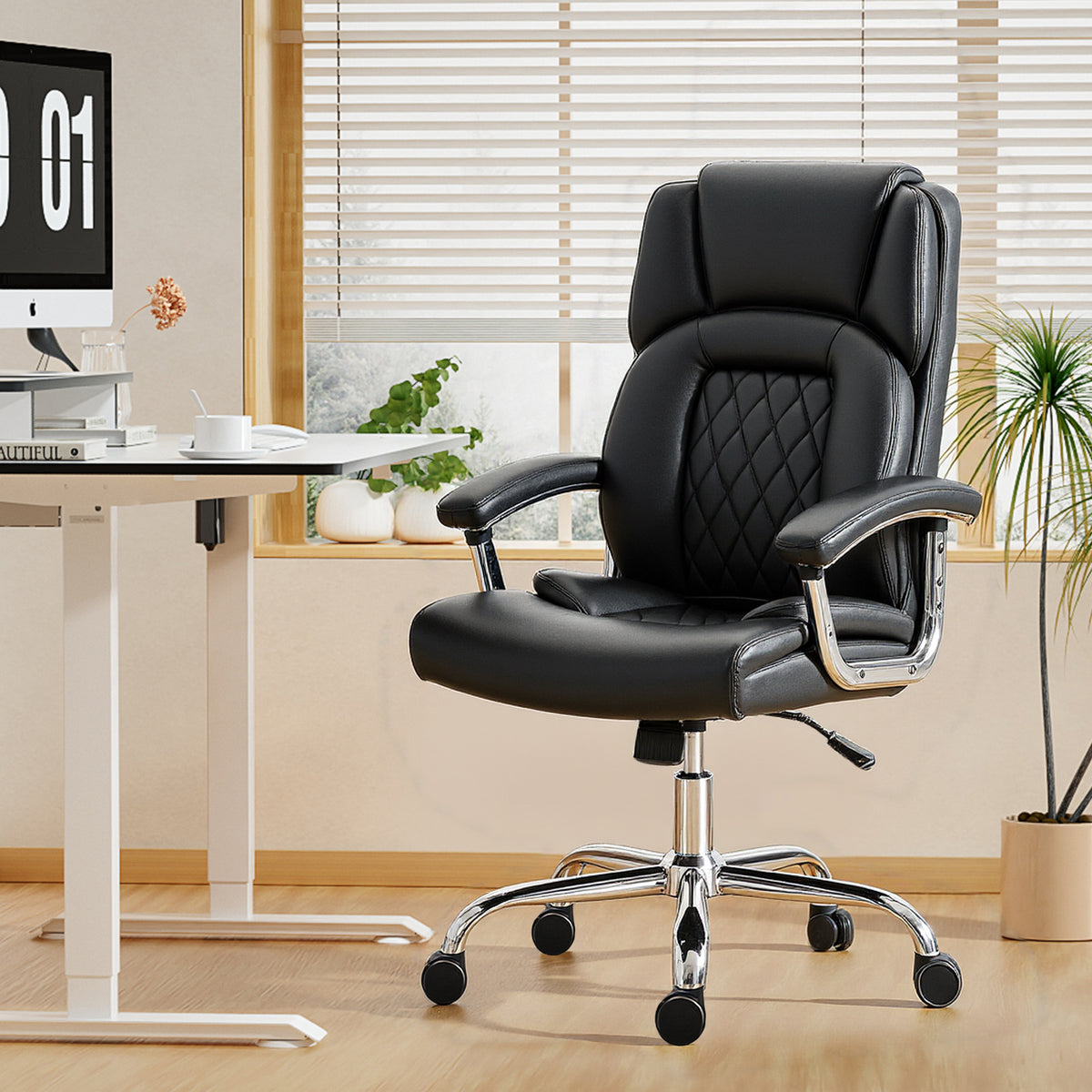Big and Tall Office Chair 400 lbs, Desk Chair with Spring Cushion, PU Leather, Black