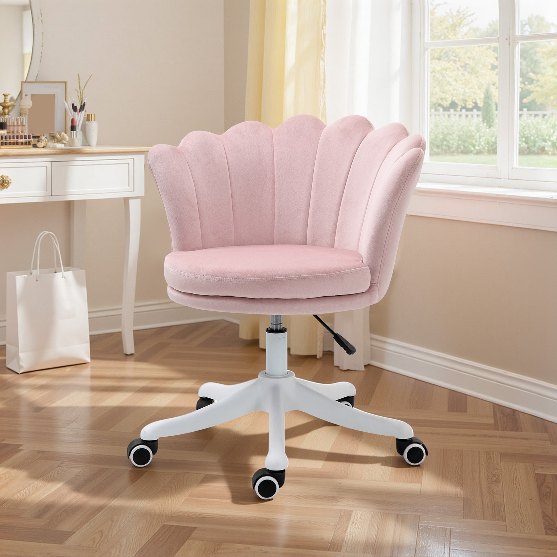 HOMCOM Pink Velvet Scallop Mid-Back Office Chair Adjustable Swivel Desk Computer Chair