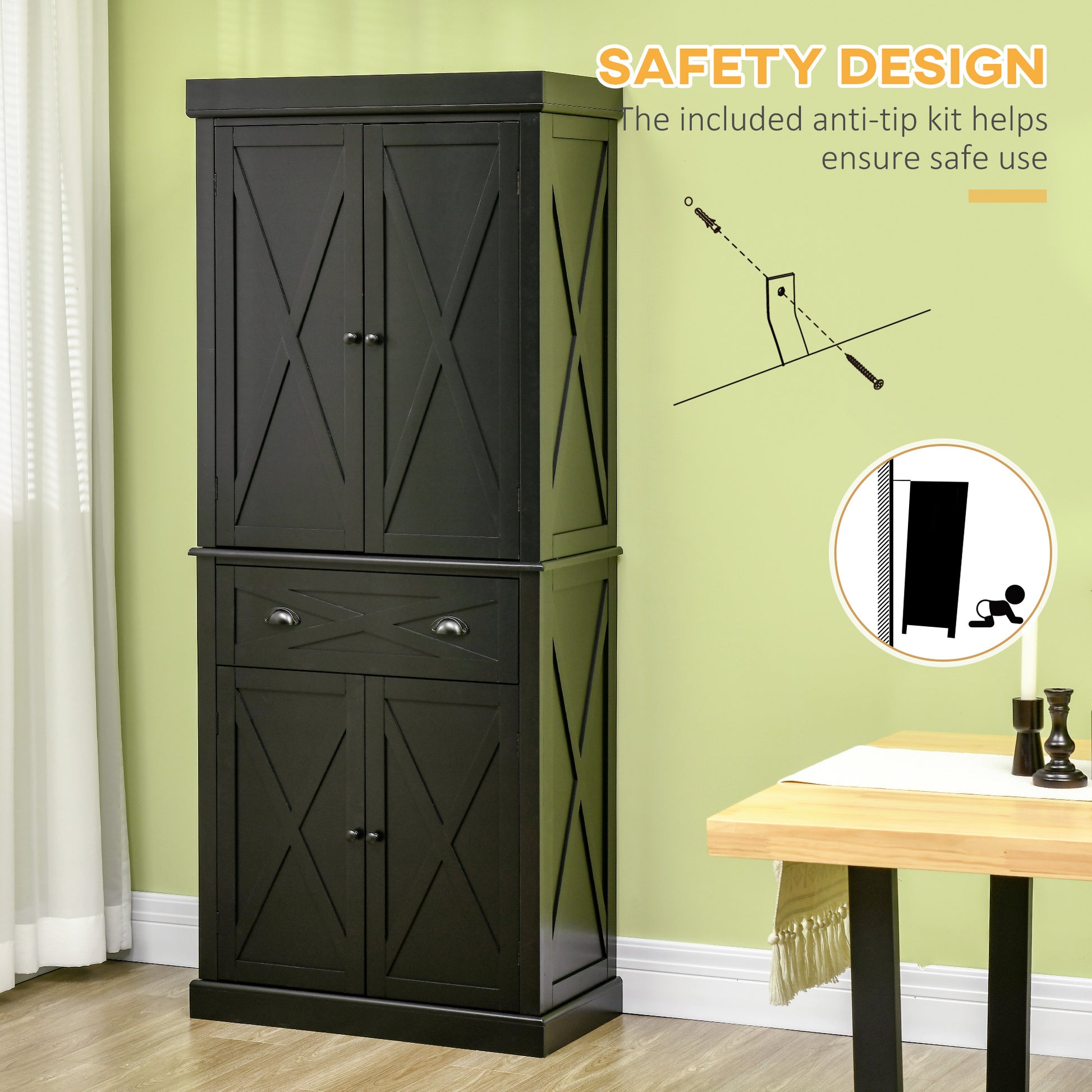 HOMCOM 72.5" Kitchen Pantry Cabinet 4 Doors Drawer Black