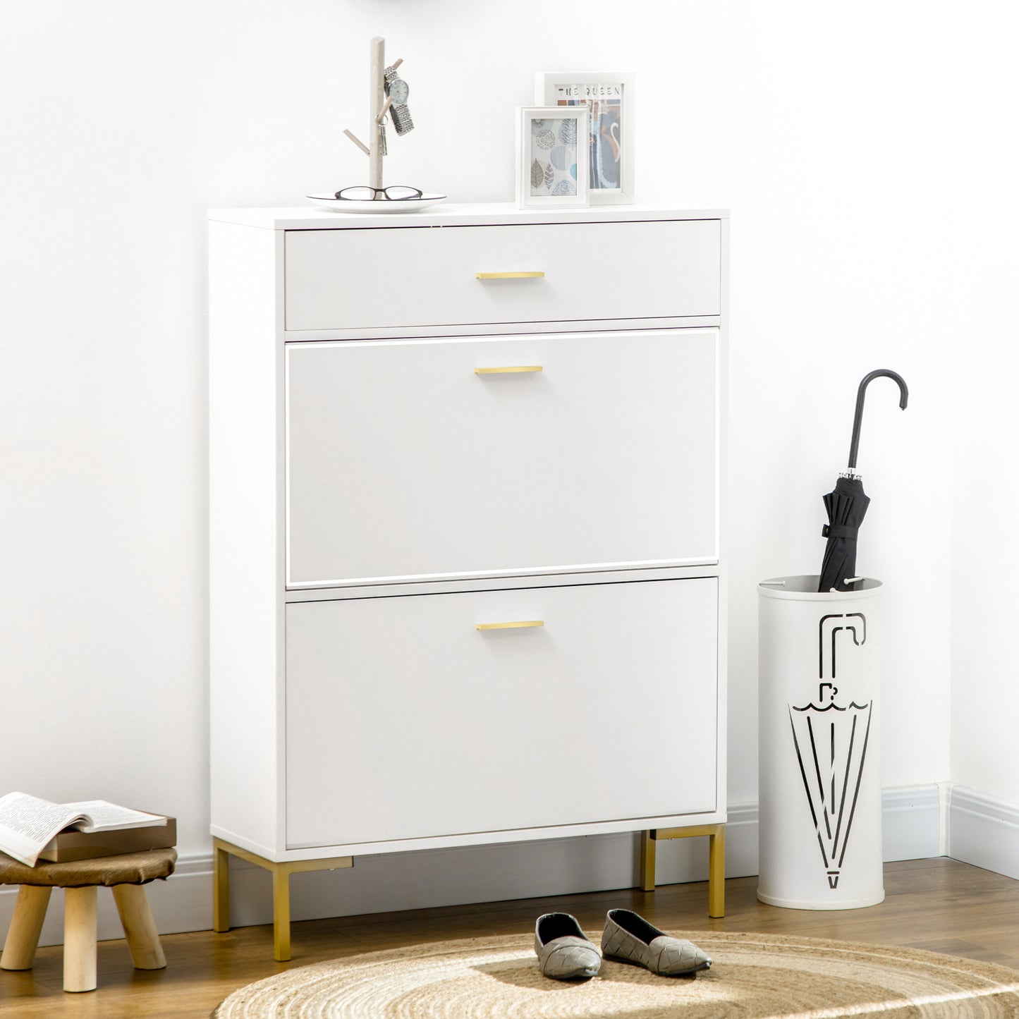 Modern White Shoe Cabinet: 12-Pair Storage, Flip Doors, Drawer, Adjustable Shelf
