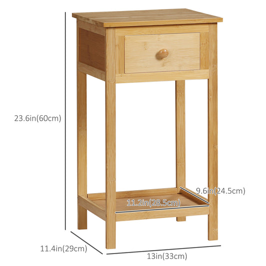 HOMCOM Slim Bamboo Side Table Nightstand with Drawer and Storage Shelf, Natural