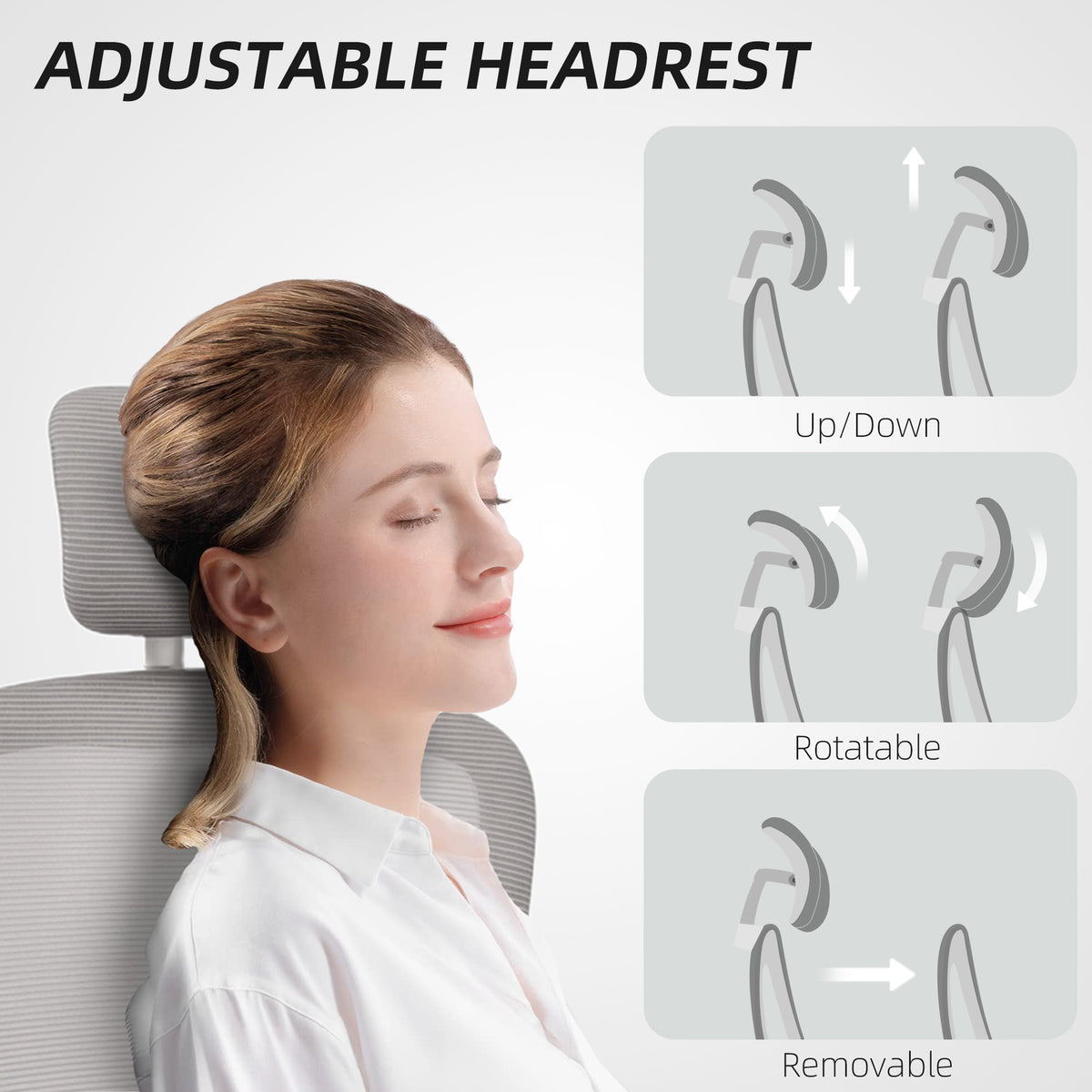 Ergonomic Mesh Office Chair, High Back Desk Chair with Rotatable Headrest, Grey