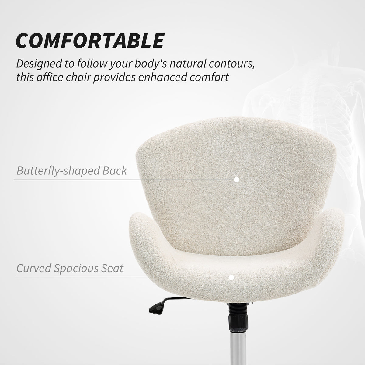Swivel Office Chair, Velvet Desk Chair with Wide Bucket Seat, Butterfly Back, Cream White