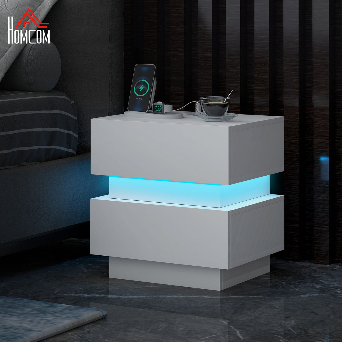 Nightstand with Charging Station and LED Light – 18"W x 18"H