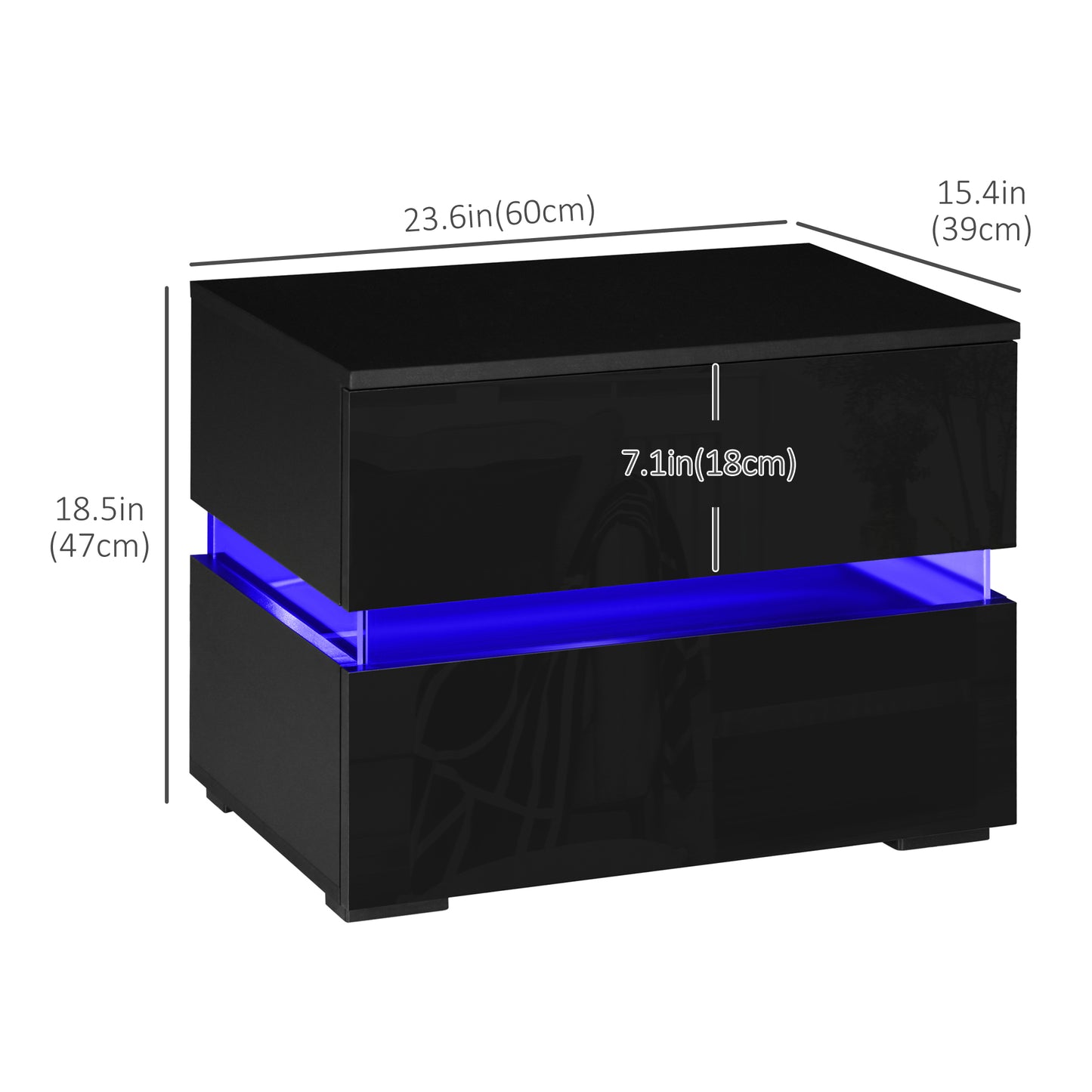 Modern Black Nightstand, 2 Gloss Drawers, USB RGB LED Remote Lights