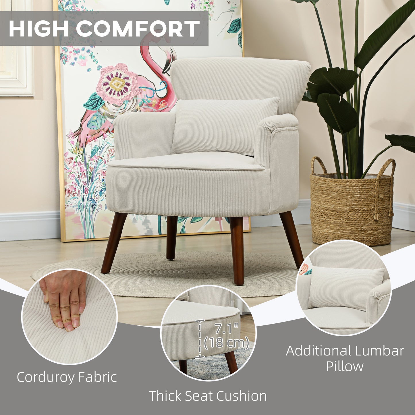 Modern Accent Chair, Upholstered Armchair with Solid Wood Legs and Lumbar Pillow for Living Room, Cream White