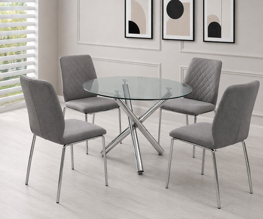 Mara 5-Piece Dining Set – 39" Round Glass Table, Grey Fabric Chairs