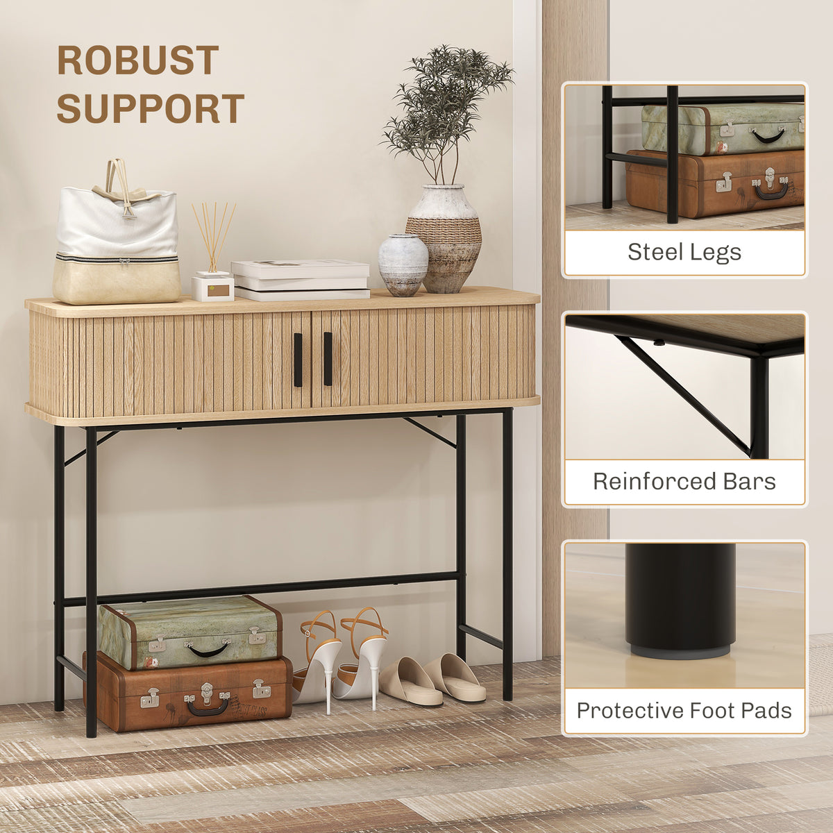 Mid-Century Entryway Console Table with Storage Compartments, Oak