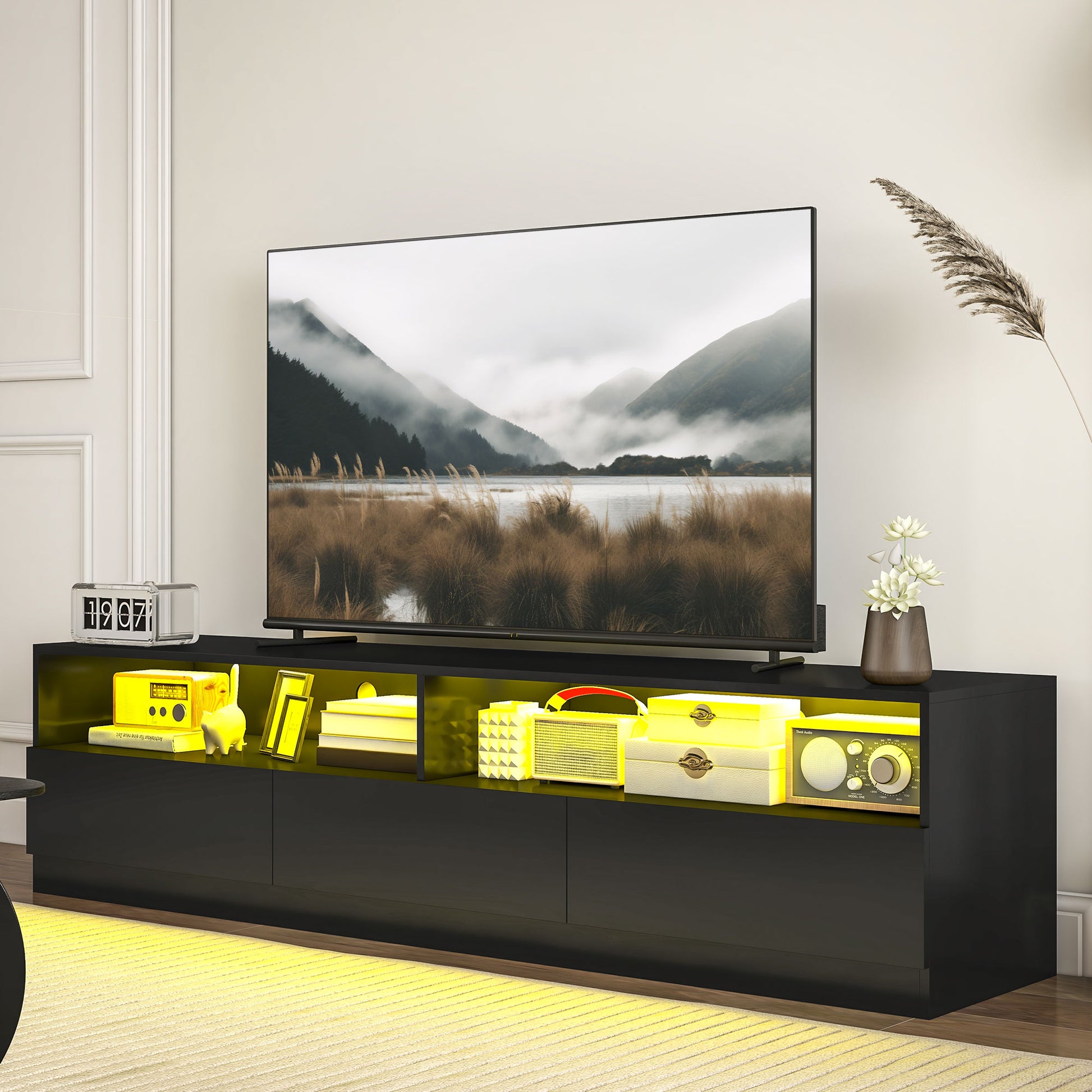 HOMCOM Modern LED Lighted TV Stand for 75 Inch TVs, High Gloss Black