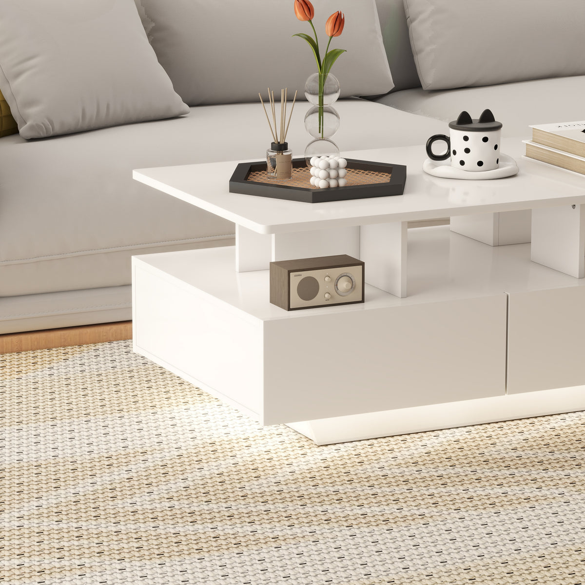 RGB LED Coffee Table with 4 Drawers and Open Shelf, High Gloss White