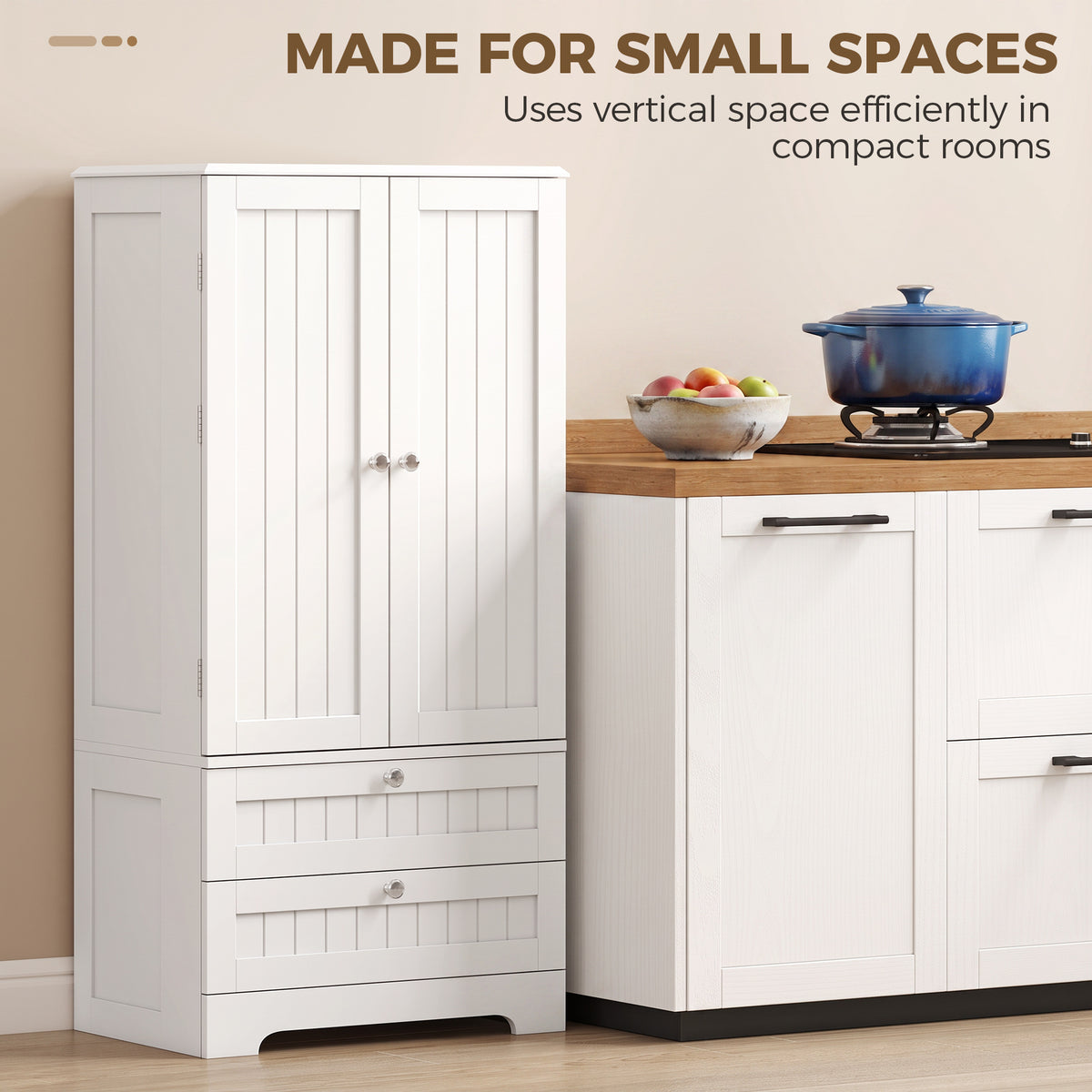 Farmhouse Kitchen Pantry with 6 Door Racks and 2 Drawers – 23"W x 47"H