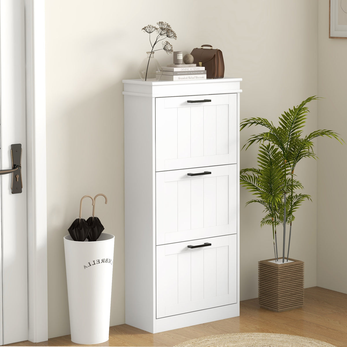 Slim Shoe Cabinet with 3 Flip Drawers and Adjustable Shelves – 21"W x 46"H