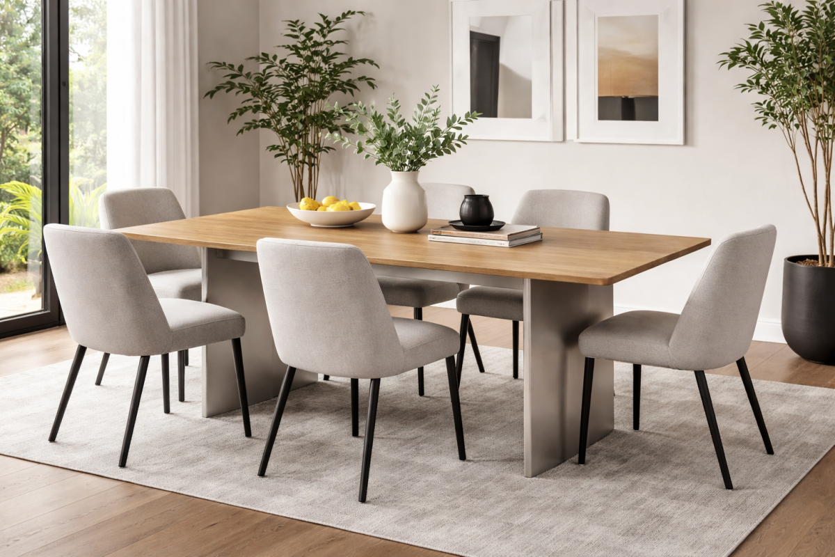 Industrial Mango Wood Dining Table – Oak/Matte Chrome