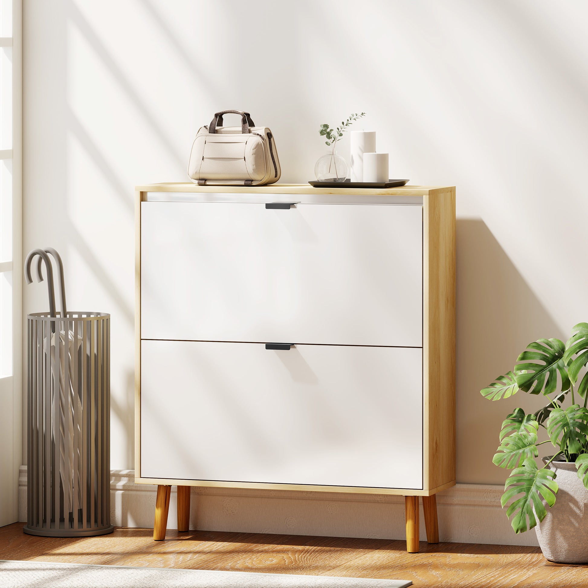 Space-Saving High Gloss White Shoe Cabinet, 2 Flip Drawers, Adjustable Shelves