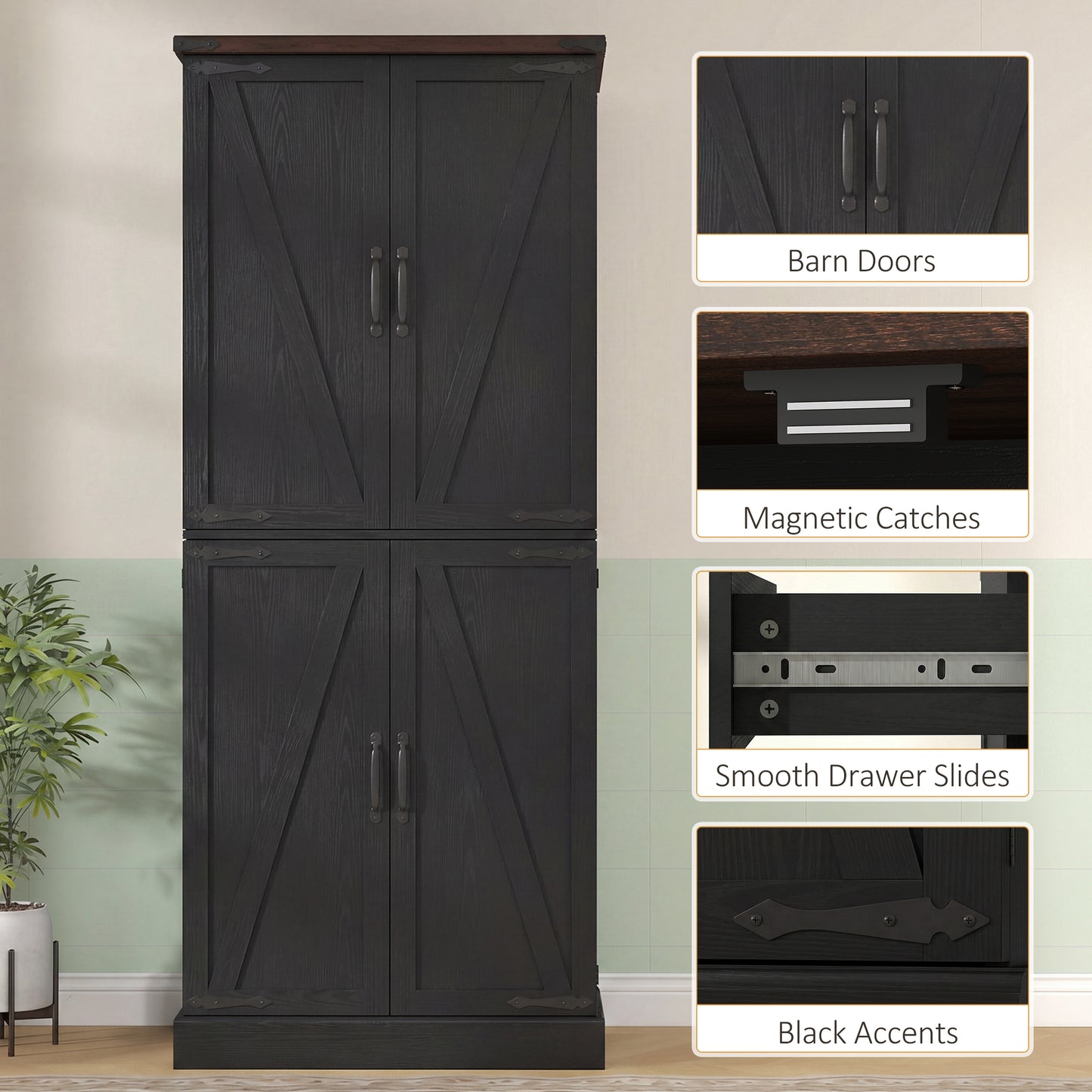 HOMCOM Tall Kitchen Pantry Cabinet Farmhouse Black