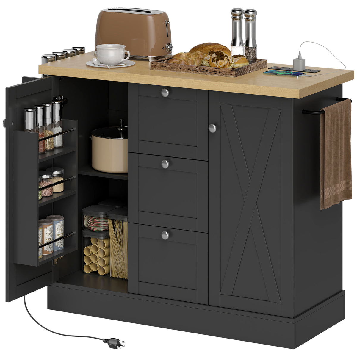 Farmhouse Kitchen Island Cart with Power Outlet and Soft-Close Doors – 49"W x 35"H