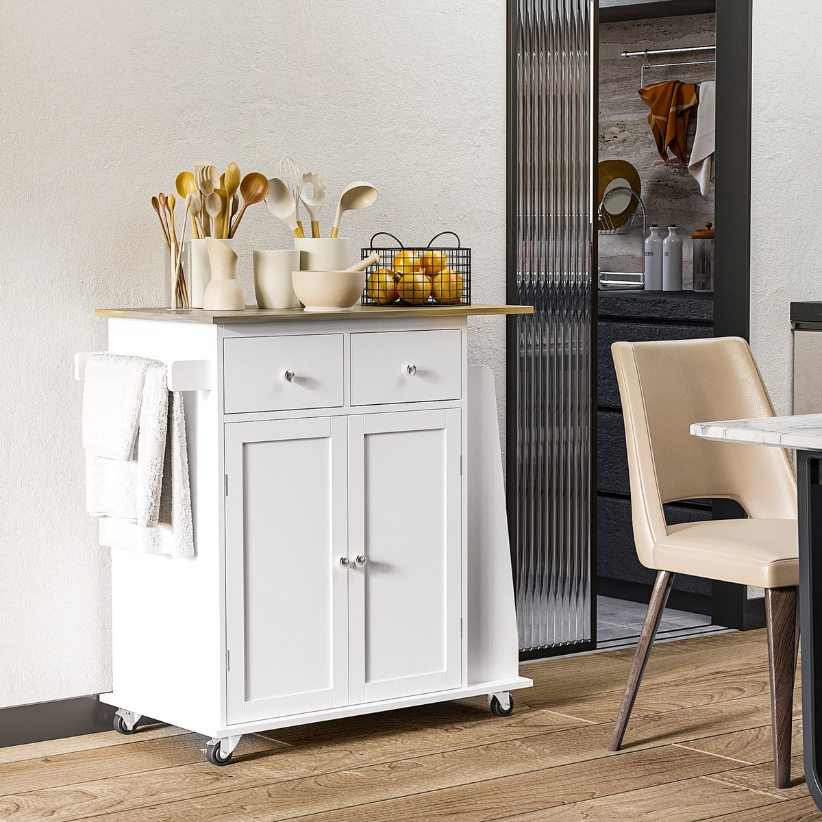 Rolling Kitchen Island Trolley Storage Cart with Rubber Wood Top – 35"W x 35"H